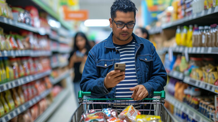 Wall Mural - man in a blue blazer and glasses is using his smartphone while shopping in a grocery store