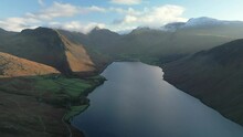 Aerial Footage Over Wast Water Looking Towards Wasdale Head And Scafell Pike In The Lake District, Cumbria, United Kingdom