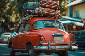 Retro car with luggage on the roof. Car on the road with a lot of suitcases on roof.