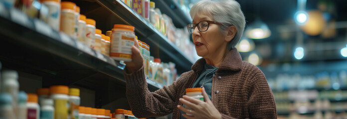 Wall Mural - Senior Caucasian female customer picks up pill bottle in pharmacy.