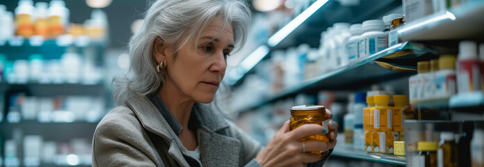 Wall Mural - Senior Caucasian female customer picks up pill bottle in pharmacy.