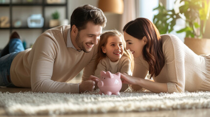 Canvas Print - heartwarming family scene where a man, woman, and a young girl are lying on their stomachs on a carpet, smiling at a pink piggy bank