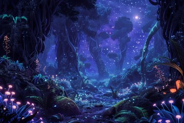 Wall Mural - A depiction of a lush alien forest under a starry night sky With bioluminescent plants and creatures