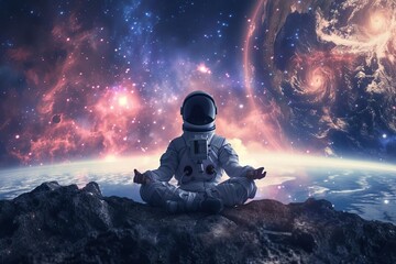Wall Mural - A serene depiction of an astronaut meditating in space With the earth and a cosmic nebula in the background