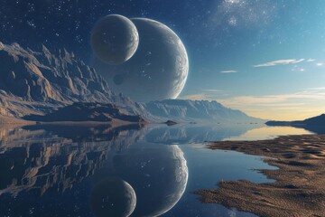 Wall Mural - A serene view of an alien planet with two moons in the sky Reflecting off a tranquil water body