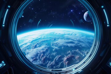 Wall Mural - A view of a distant earth-like planet With a blue atmosphere and green continents From a spaceship window