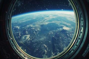 a view of a distant earth-like planet with a blue atmosphere and green continents from a spaceship w
