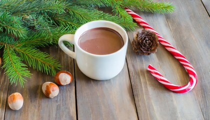 Canvas Print - cup of hot chocolate with hazelnuts and cinnamon sticks on wooden table sweet candy canes fir branches and cones decoration christmas holiday background