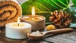 concept of spa treatment in salon with pure organic natural oil atmosphere of relax detention aromatherapy candles towel wooden background skin care body gentle treatment