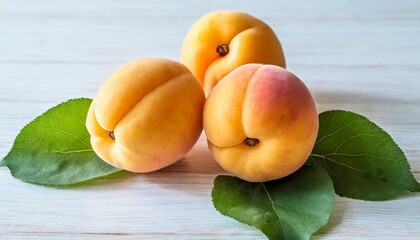 Wall Mural - apricots isolated three whole falling apricot fruits with green leaves