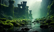 Mystical fantasy landscape with ancient ruins on mossy cliffs, a magical river flowing under rays of light, and flying creatures in the mist