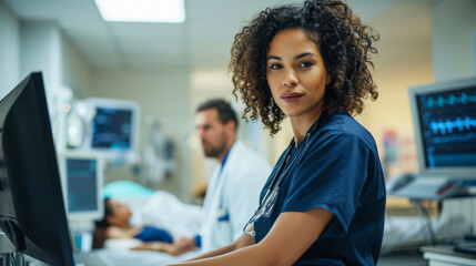 Poster - young medical professional with curly hair, wearing a blue scrub top and a stethoscope