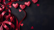 Walentynki 14 lutego - romantyczne ciemne minimalistyczne tło na życzenia. Mockup, szablon z prezentem, sercem i dekoracjami dla zakochanych. Symbol wyznana uczuć miłości. Kwiaty dla zakochanej