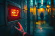 Hand of man with a neon help sign in a corridor. Asking for help, need assistance, psychology mental health concept
