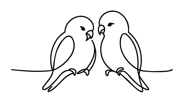 Vector one line illustration with two parrots on a branch on white background.