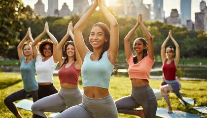 Wall Mural -  group of women practicing yoga together in city park