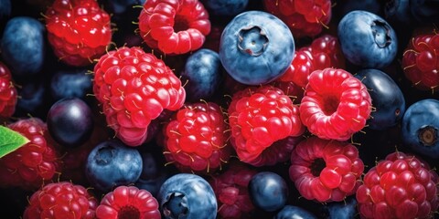 Wall Mural - Blueberries and Raspberries Pile, Closeup of Fresh Ripe Berries. Organic Antioxidant. Generative AI