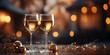 two narrow champagne glasses and defocused lights at the restaurant Romantic celebration with wineglass champagne and glowing lights Christmas and New Year eve celebration holidays background.