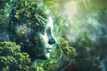 Wall Mural - Abstract image of a female head in a green environment. 