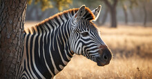 Zebra Standing Next To A Tree In A Field