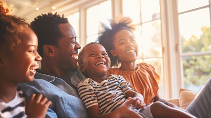 Wall Mural - Happy family with a father, mother, and child laughing and sharing a joyful moment together on a couch.