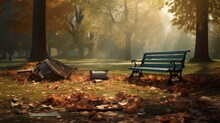 Park Bench With Dirty Grass Leaf Litter In Autumn.