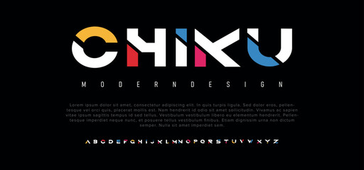 Poster - Chiku font alphabet letters. Modern logo typography. Color creative art typographic design. Festive letter set for rainbow logo, headline, color cover title, joy monogram. Isolated vector typeset