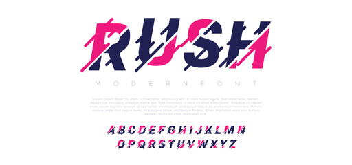 Poster - Rush Modern abstract digital alphabet font. Minimal technology typography, Creative urban sport fashion futuristic font and with numbers. vector illustration