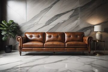 Wall Mural - Luxury leather sofa against marble wall. Interior design of modern living room