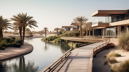 Wall Mural - boardwalk on river in a desert, luxury modern development on one side