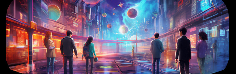 Wall Mural - Hologram, Future scenario, Futuristic scene, Science fiction panorama, Sci-fi setting. SURROUNDED BY THE FUTURE. The ground is evolving and trasforming  like the rest of the environment.