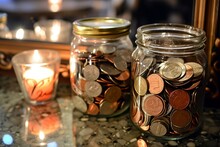 Coins In A Jar Next To A Candle