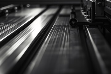 Sticker - A black and white photo of a train track. Suitable for various uses