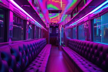 Wall Mural - a bus adorned with vibrant purple and green lights. perfect for adding a festive touch to any event 