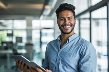 a man smiling while holding a tablet