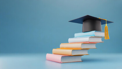 Book with staircase to graduation cap, study,education and e-learning concept. Steps of education leading to success goal. Solutions, achieve the goal. Business development and innovation. 3d render