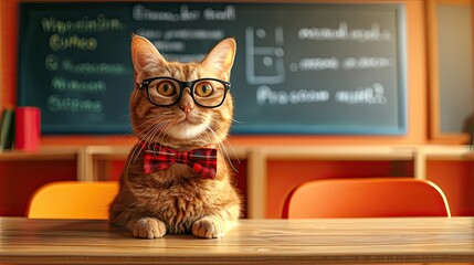 Wall Mural - ginger Cat student. and studying in classroom. Generative AI