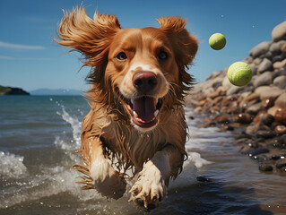 Wall Mural - Dog is running on the beach with a tennis ball