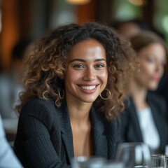 Happy business woman talking to her colleague in a meeting