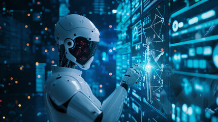 the robot with a glowing face is working on the touch screen, in the style of sci-fi environments, human connections, science academia