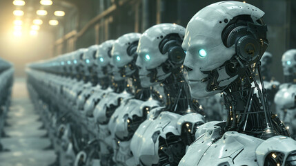 robots with blue eyes lined up for production, in the style of futuristic sci-fi aesthetic