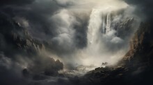 Dramatic Images Capturing Dynamic Cloud Formations Drifting Over A Mountainous Waterfall, Adding An Extra Layer Of Intensity To The Already Powerful Scenery