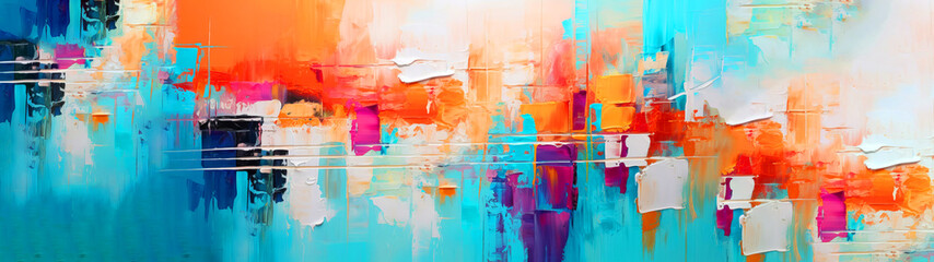 Aufkleber - Closeup of abstract rough colorful blue orange multicolored art painting texture, with oil or acrylic brushstroke, pallet knife paint on canvas background banner panorama long