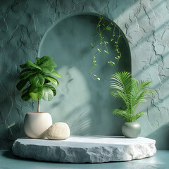 Podium beauty minimal display stage stand summer fashion abstract luxury plant. Minimal podium background texture green beauty shadow banner mockup wall stone leaf showcase cosmetic wallpaper sale art