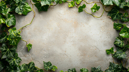 Sticker - A natural ivy frame with fresh leaves on a light concrete background.