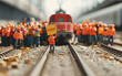 Eisenbahner (Miniature people) stehen vor Bahn mit Streikschild: Bahnstreik, Lokführerstreik, Protest und Zugausfälle