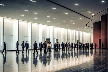 Exhibition background with blurred people in the exhibition hall. Concept of a large international exhibition, conference center, event fair, corporate marketing