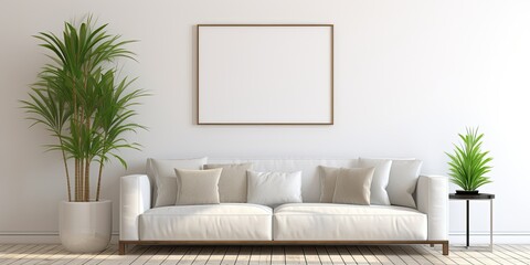 Wall Mural - Empty picture frames on a wall. White living room with modern interior design, including a sofa, cushions, and a potted palm plant seen through an open door. Illustrates home staging concept.