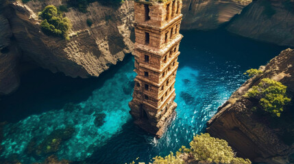 Wall Mural - A tall tower in the middle of a body of water, AI