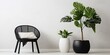 Nordic-style interior with a white chair in a white room, a plant on a stool, and black & white pouffes.
